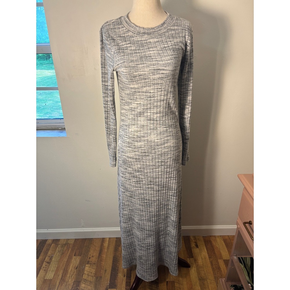 Old Navy Space Dye Rib Knit Midi‎ Dress Gray White Long Sleeve Fit Flare M